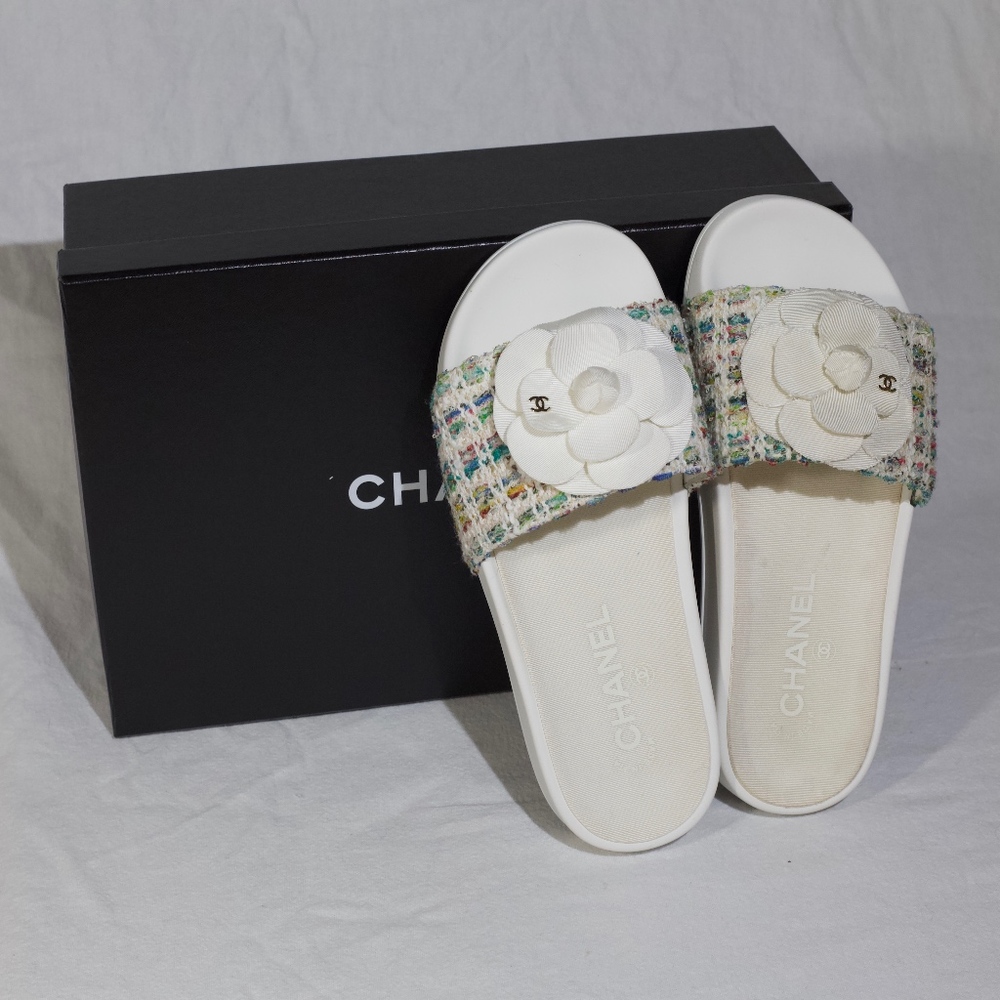 Chanel Grosgrain and Tweed Slide Sandals